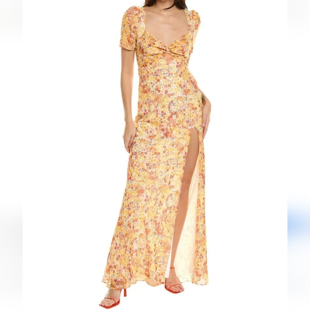 STAUD Lea Knot-Front Puff-Shoulder Maxi Dress Floral Yellow Sz 6